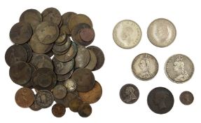 Small collection of mostly Great British coins including Queen Victoria 1854 penny, 1889 double flo