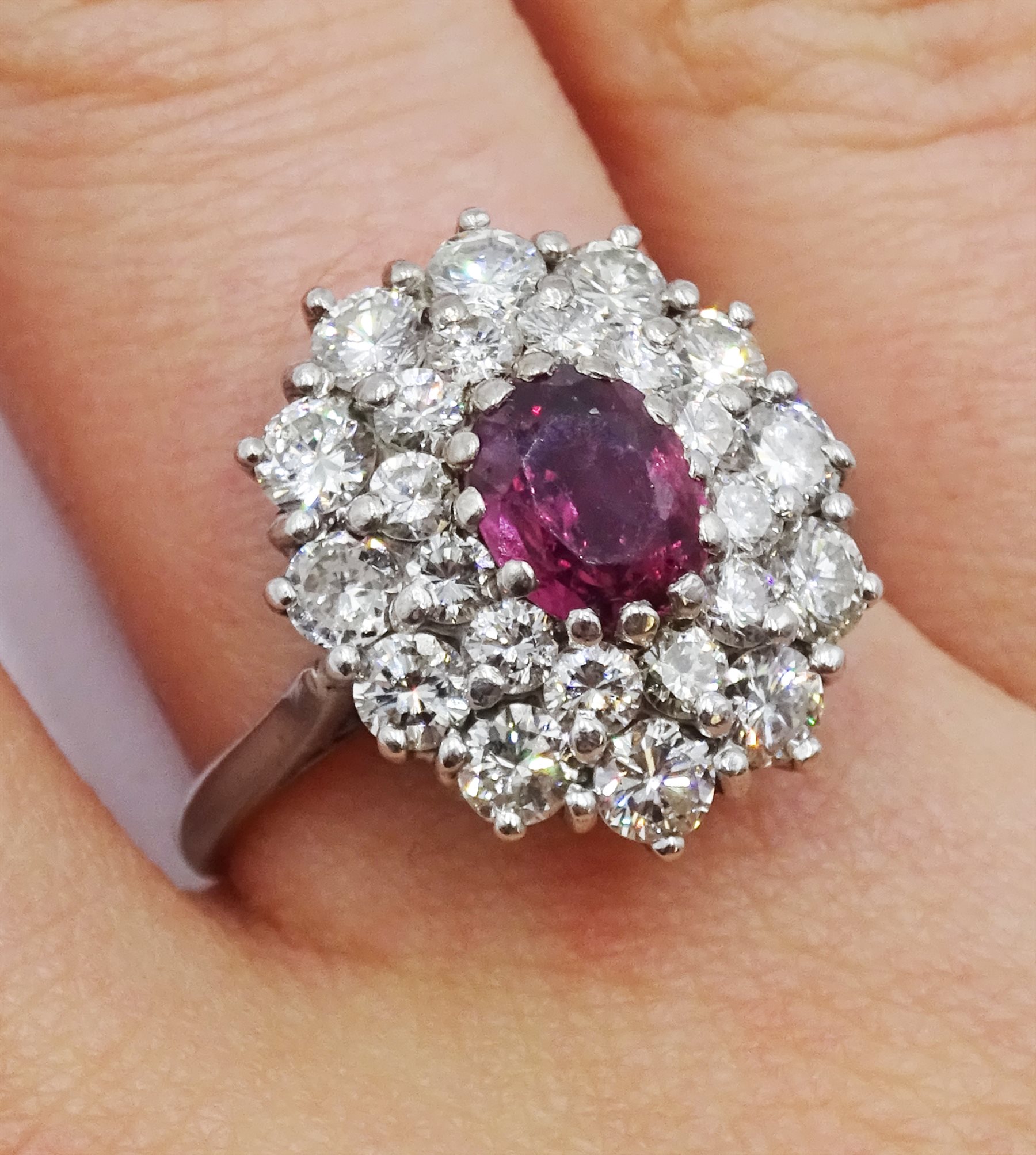18ct white gold oval ruby and two row, round brilliant cut diamond ring [image code: 4mc] - Image 2 of 4