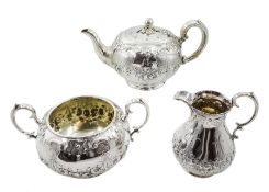 Victorian silver three piece tea service, embossed floral and swag decoration by Henry Wilkinson & C