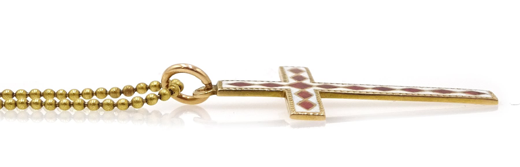 Gold red and white enamel gold cross pendant stamped 15ct, on 18ct gold ball chain necklace with ba - Image 2 of 3