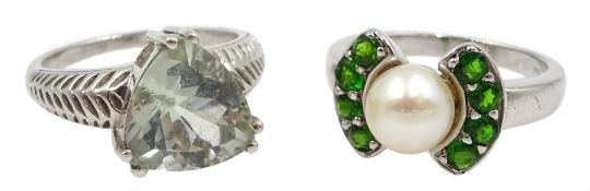 Silver pearl and green stone ring and one other stone set silver ring, both stamped 925