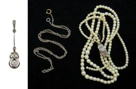 Early 20th century gold and silver diamond pendant, double strand cultured pearl necklace with diamo