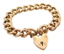 Early 20th century rose gold curb link bracelet with heart locket, stamped 9ct, each link stamped 9