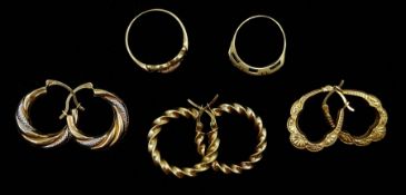 Gold stone set half eternity ring, gold ring and three pairs of gold hoop earrings, all 9ct, stamped