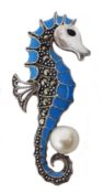 Silver blue enamel, pearl and marcasite seahorse brooch, stamped 925