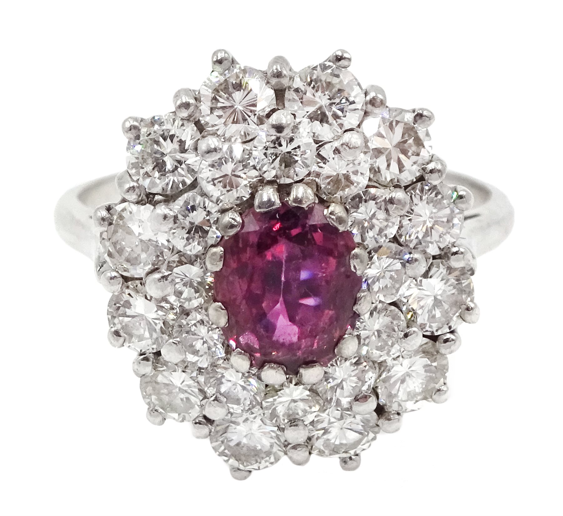 18ct white gold oval ruby and two row, round brilliant cut diamond ring [image code: 4mc]