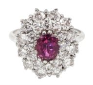 18ct white gold oval ruby and two row, round brilliant cut diamond ring [image code: 4mc]