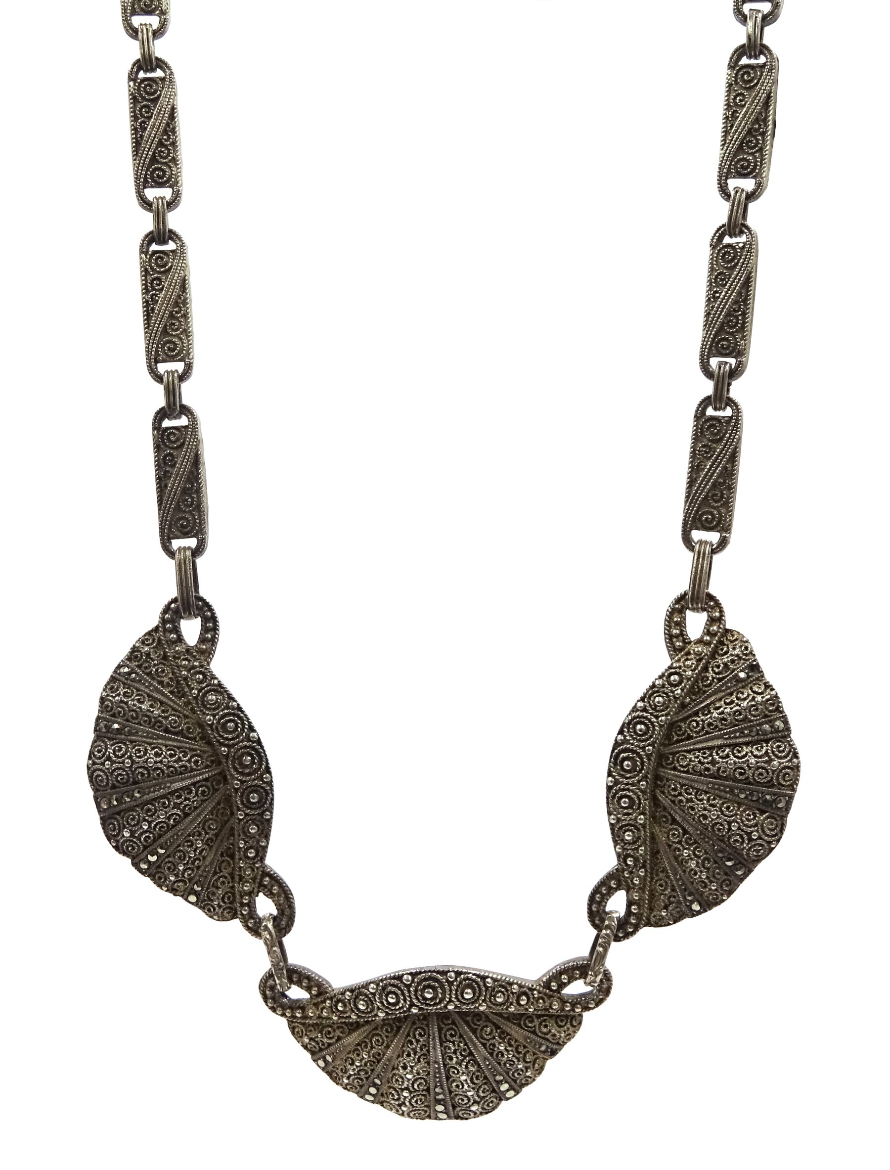 Thedore Fahrner Art Deco silver and marcasite scalloped design necklace, stamped TF 925