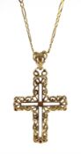 Gold cross pendant, on gold flattened figaro link chain necklace, both hallmarked 9ct, approx 7.96gm