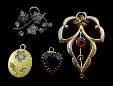 Gold diamond set flower charm stamped 18ct, Edwardian gold garnet pendant stamped 9ct, gold garnet