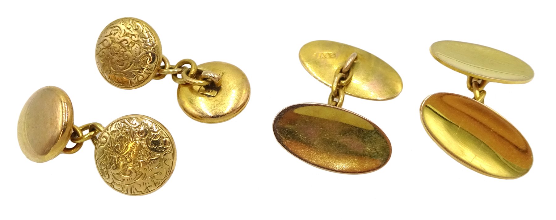 Pair of gold oval cufflinks by J Aitkin & Son, Birmingham 1909, and one other circular pair stamped