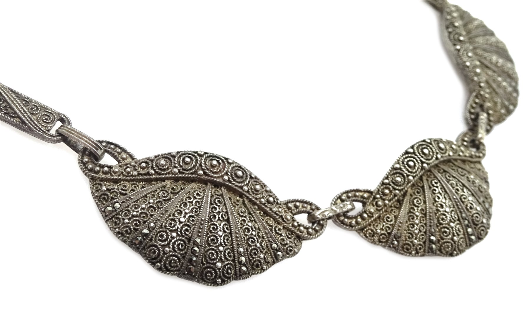 Thedore Fahrner Art Deco silver and marcasite scalloped design necklace, stamped TF 925 - Image 2 of 3