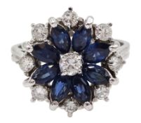 White gold round brilliant cut diamond and marquise cut sapphire flower cluster ring, stamped 18