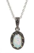 Silver opal and marcasite pendant necklace, stamped 925