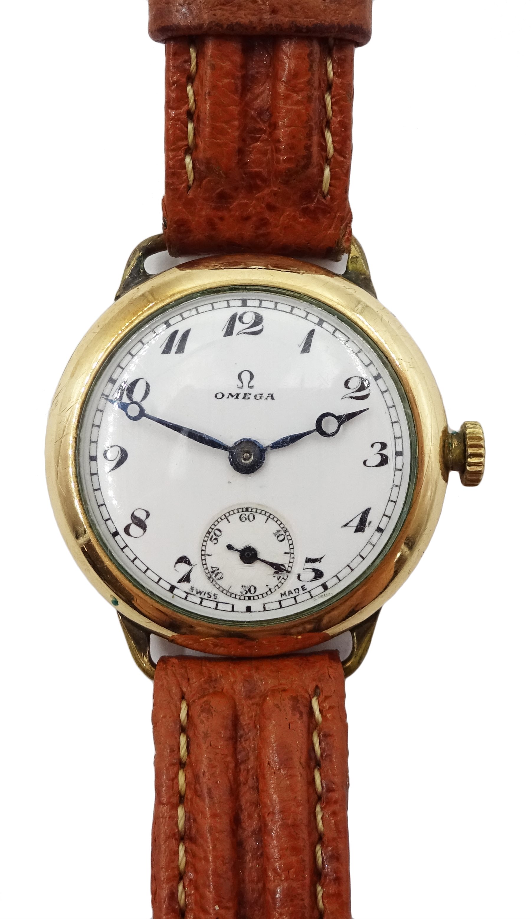 Omega 1930's gold-plated gentleman's manual wind wristwatch No.8665002 case by Dennison, on brown l