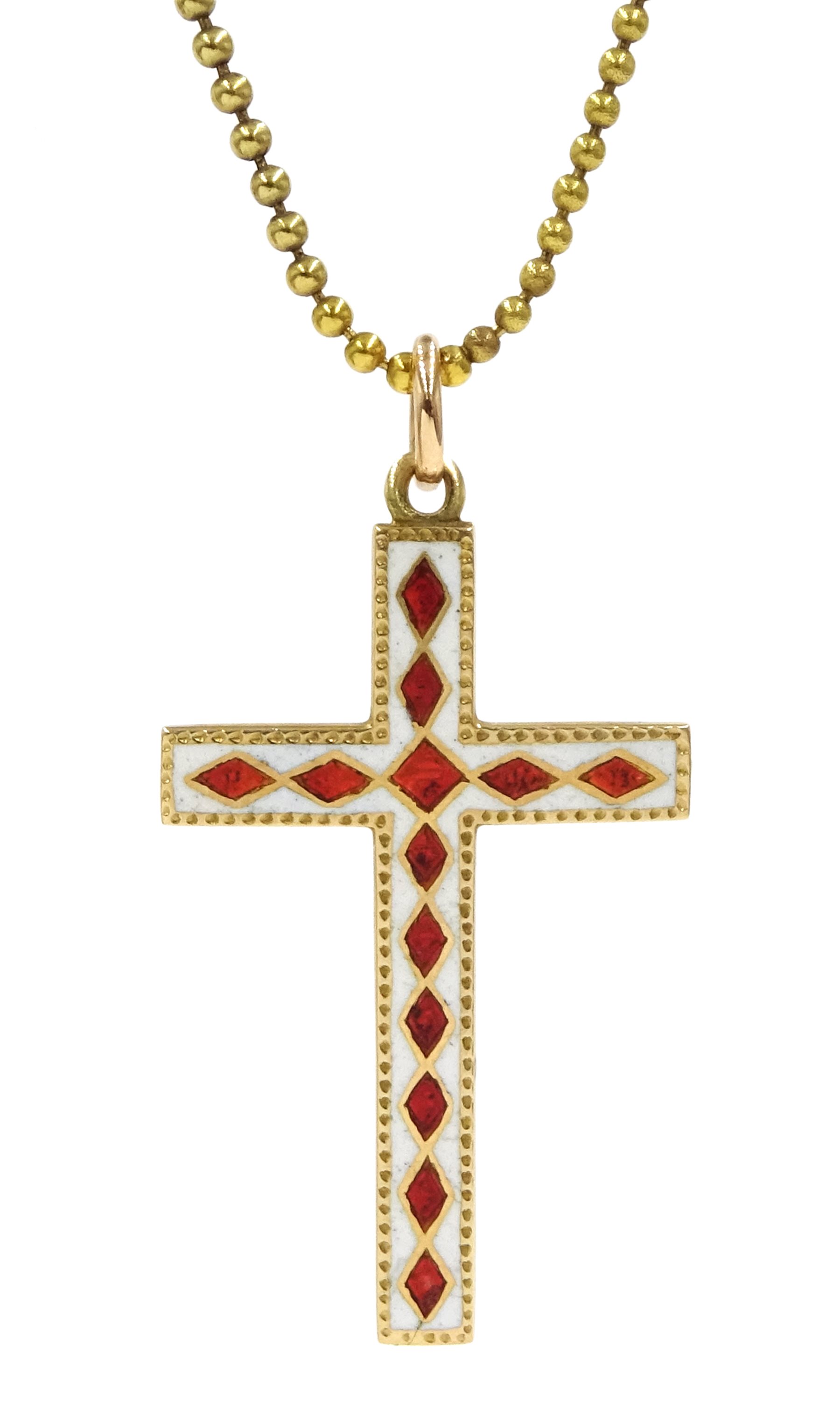 Gold red and white enamel gold cross pendant stamped 15ct, on 18ct gold ball chain necklace with ba