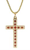 Gold red and white enamel gold cross pendant stamped 15ct, on 18ct gold ball chain necklace with ba
