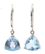 9ct white gold trillion cut blue topaz pendant earrings, stamped 375