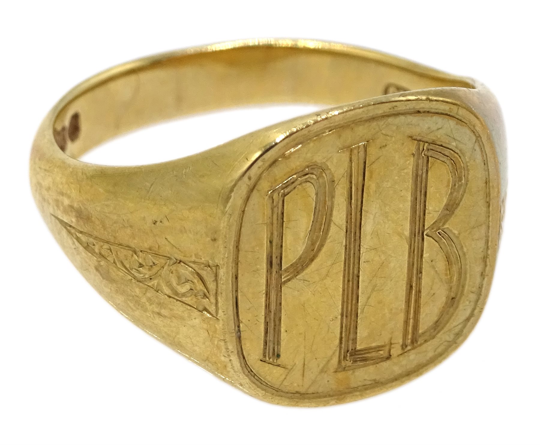 9ct gold signet ring with engraved initials 'PLB', hallmarked, approx 5.96gm - Image 2 of 3