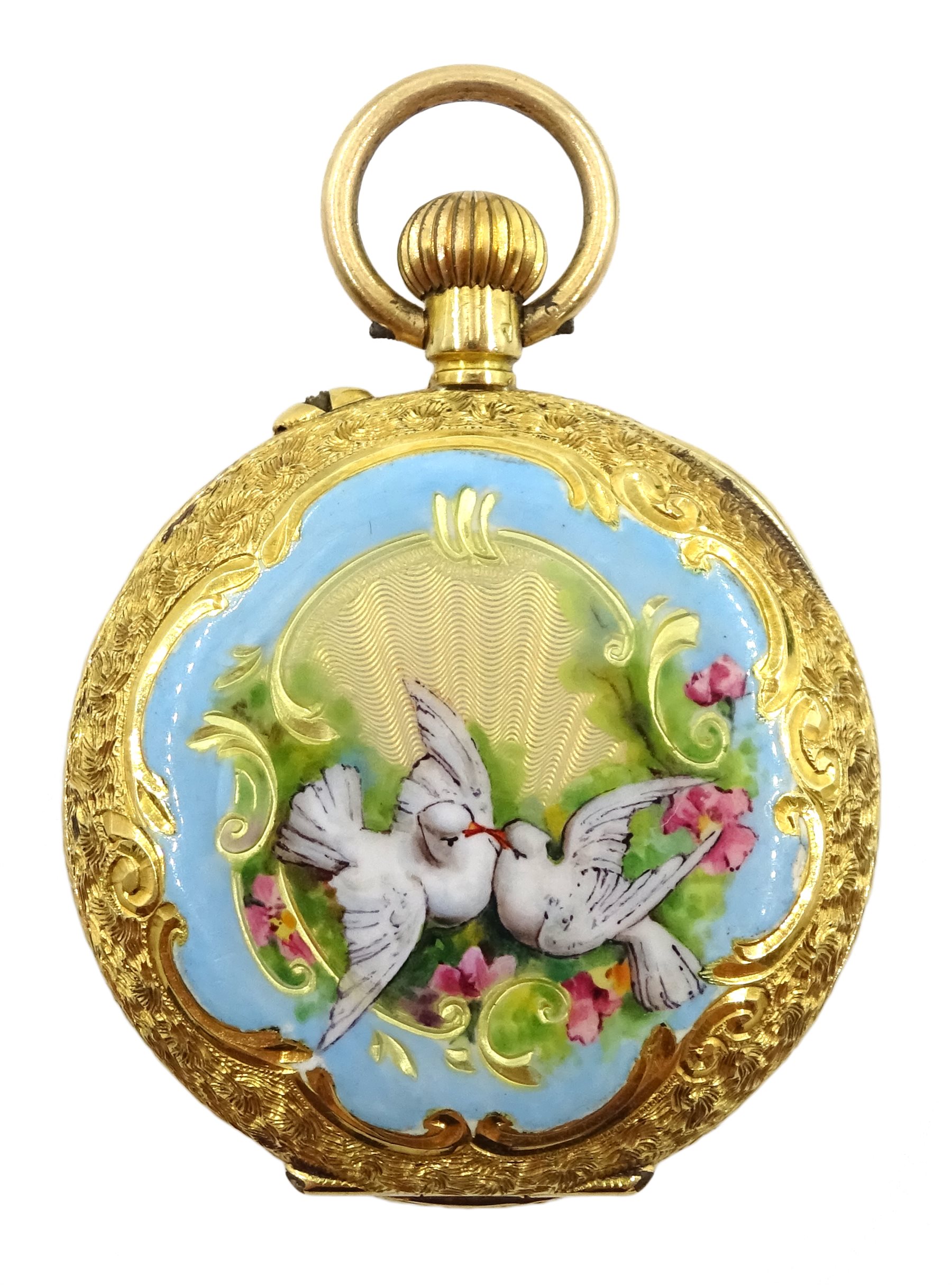 Swiss early 20th century ladies 18ct gold fob watch, the back case decorated with enamelled doves,
