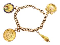 Rose gold tapering curb chain bracelet with clip stamped 9c, with two gold and enamel football meda