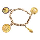 Rose gold tapering curb chain bracelet with clip stamped 9c, with two gold and enamel football meda