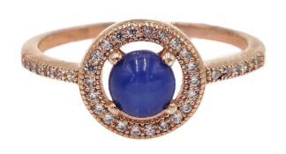 Rose gold on silver star sapphire and cubic zirconia halo ring, stamped 925