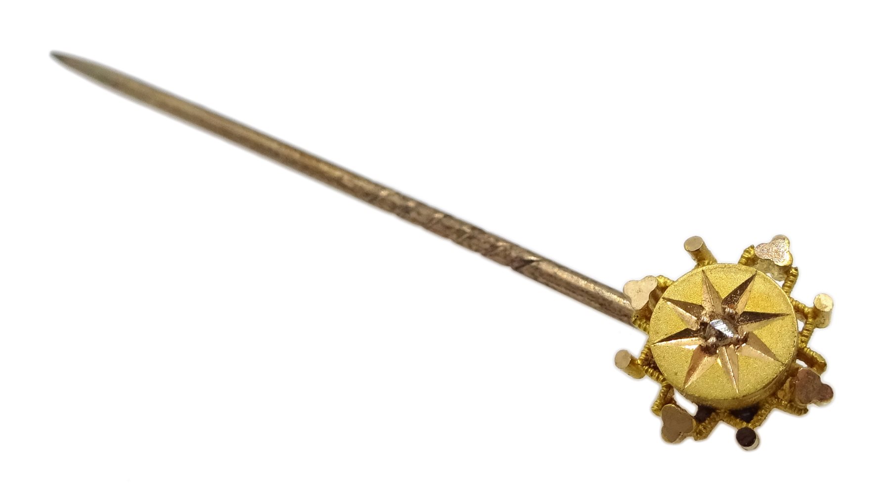 Victorian gold diamond stick pin stamped 15ct, bead bar brooch stamped 9ct and gold knot bar brooch - Image 3 of 4