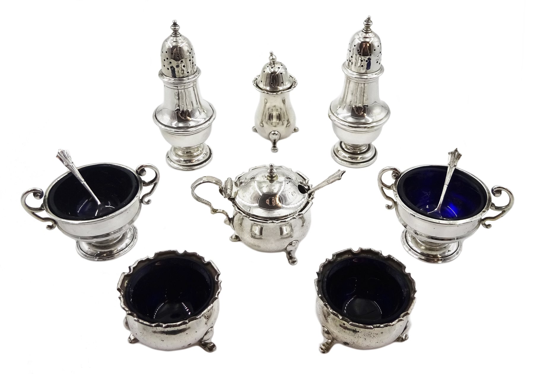 Early 20th century silver four piece cruet set by Mappin & Webb Ltd, Birmingham 1912, two silver sal