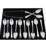 Twelve George III and later silver teaspoons and pair of George III silver sugar tongs by George Win