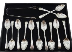 Twelve George III and later silver teaspoons and pair of George III silver sugar tongs by George Win