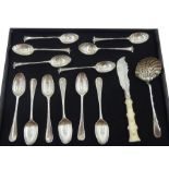 Set of six George II silver teaspoons by Ebenezer Coker, Edwardian silver spoon strainer, Chester 19