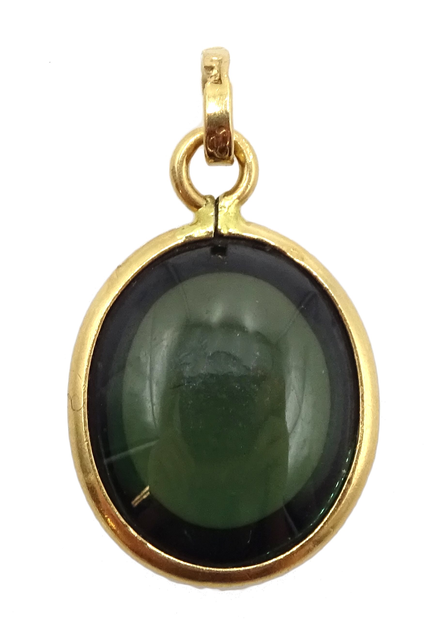 Gold mounted cabochon green tourmaline pendant, stamped 18K