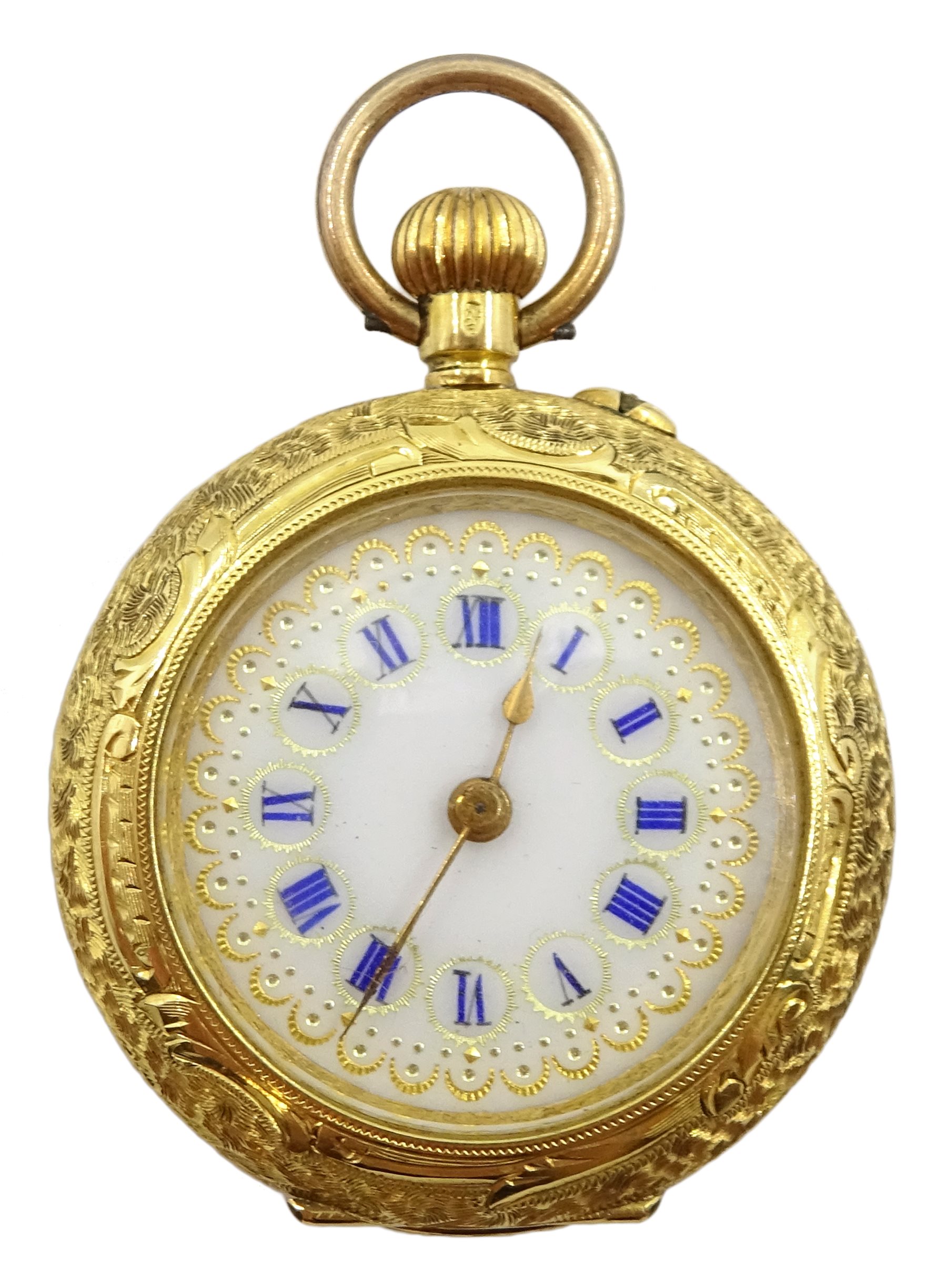 Swiss early 20th century ladies 18ct gold fob watch, the back case decorated with enamelled doves, - Image 2 of 5