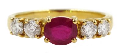 18ct gold five stone oval ruby and round brilliant cut diamond ring, stamped 18K [image code: 4m