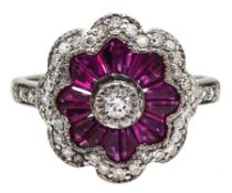 18ct white gold diamond and calibre cut ruby flower design ring, hallmarked [image code: 4mc]