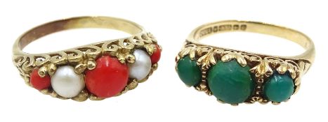 9ct gold graduating coral and pearl ring and three green hard stone set ring hallmarked