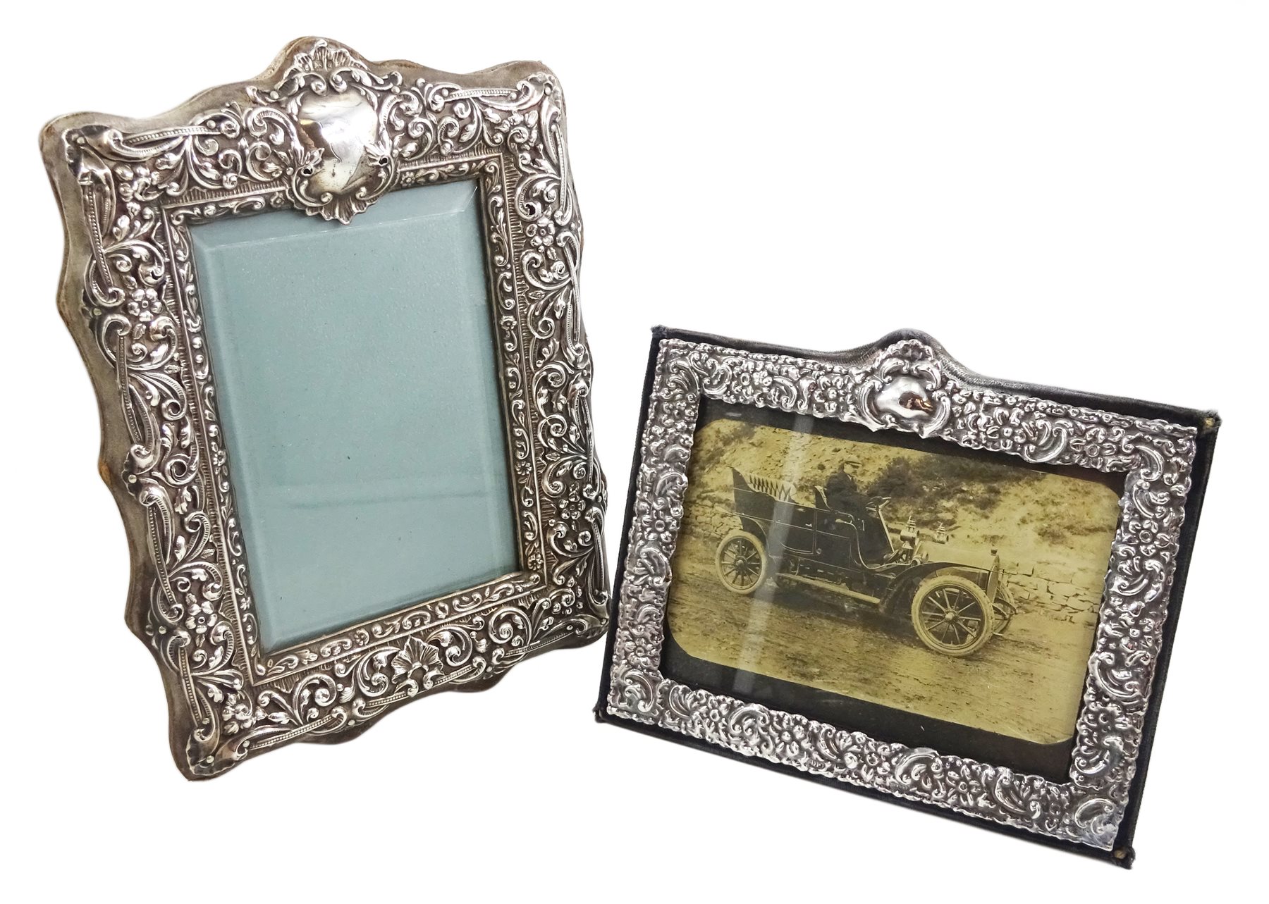 Victorian silver photograph frame embossed decoration by Henry Matthews 1900 and one other silver m