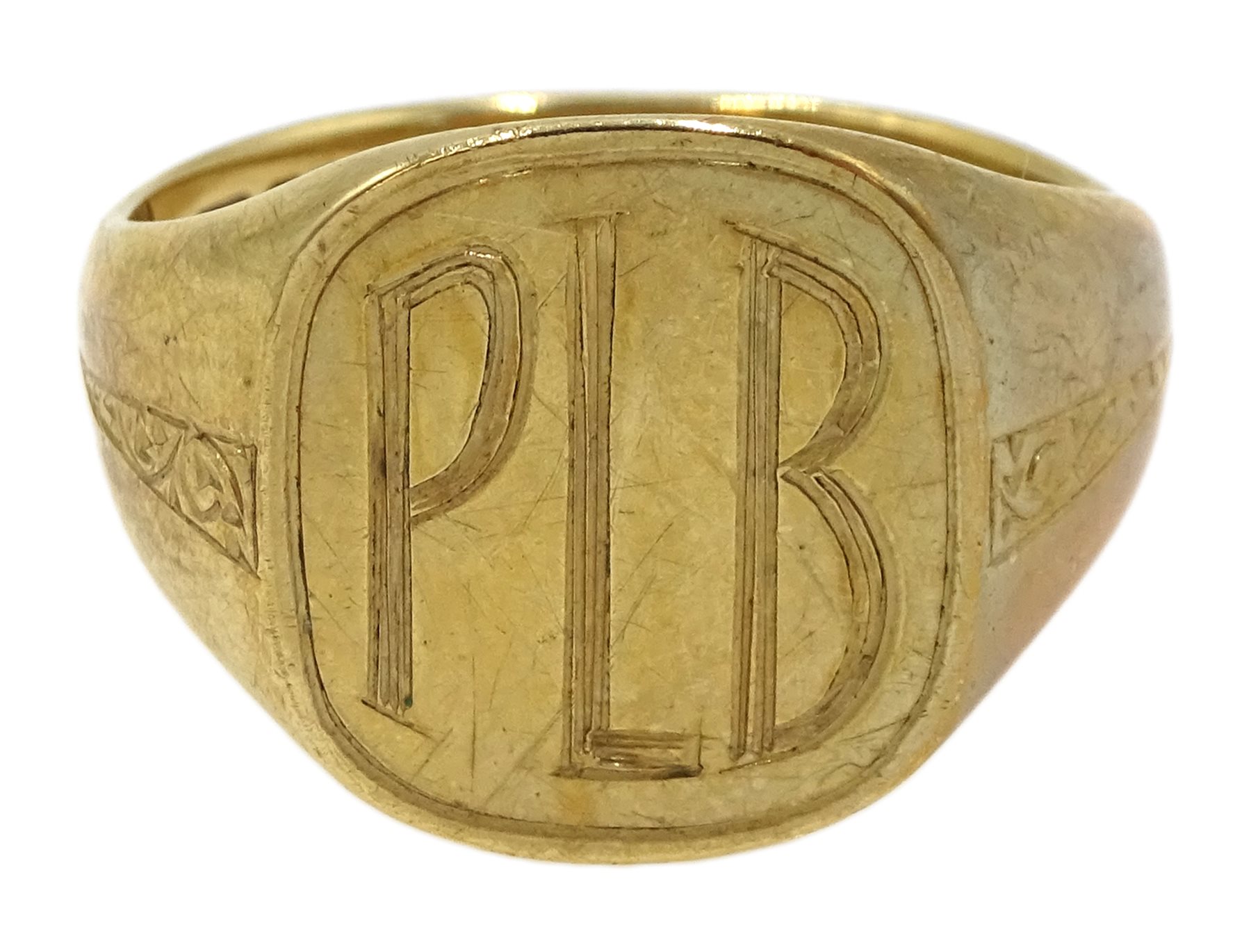 9ct gold signet ring with engraved initials 'PLB', hallmarked, approx 5.96gm