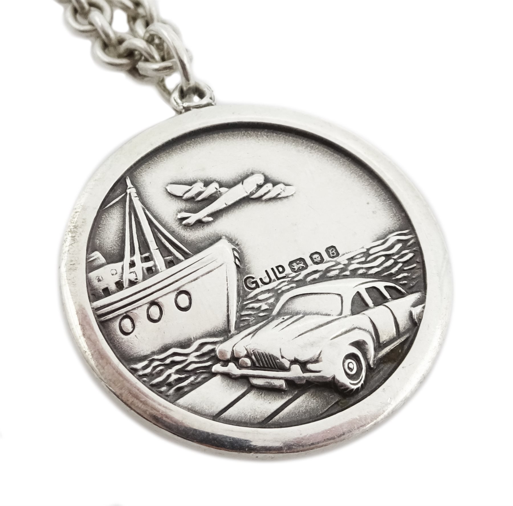 Georg Jensen silver pendant depicting boat, car and aeroplane, the reverse depicting St Christopher, - Image 3 of 3