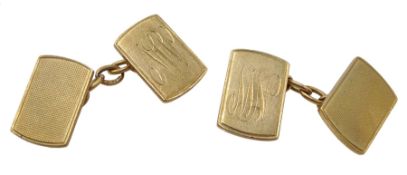Pair of 9ct gold cufflinks, engine turned decoration and engraved initials 'NW' approx 10.28gm