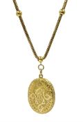 14ct gold snake and ball link chain necklace, with sliding pendant locket, engraved decoration