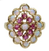 9ct gold ruby and opal cluster ring, hallmarked [image code: 4mc]