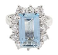 18ct white gold emerald cut aquamarine and diamond cluster ring, hallmarked, aquamarine approx 1.85