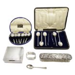 Silver mounted cigarette box by S J Rose & Son, London 1966, set of six silver coffee spoons, one ot