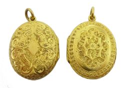 Two 14ct gold locket pendants, with matching engraved decoration