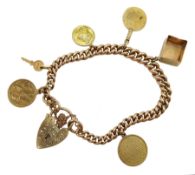 9ct gold tapering curb chain bracelet, with gold charms mostly 9ct, one stamped 333, one stamped 58