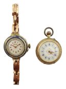 Aries early 20th century 9ct rose gold ladies wristwatch enamelled bezel, case by Stockwell & Co, L