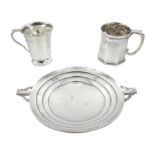 Silver pedestal twin handled dish by Deakin & Francis Ltd, Birmingham 1935, silver christening cup b