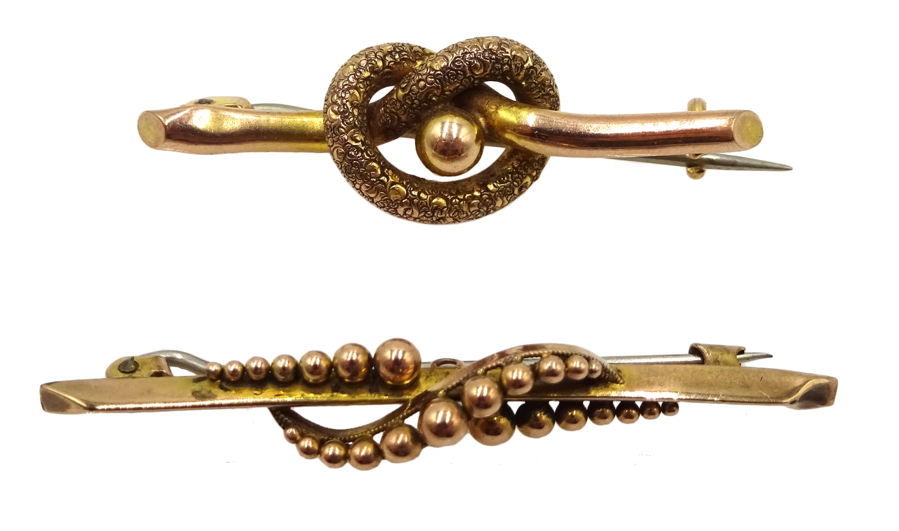 Victorian gold diamond stick pin stamped 15ct, bead bar brooch stamped 9ct and gold knot bar brooch - Image 2 of 4